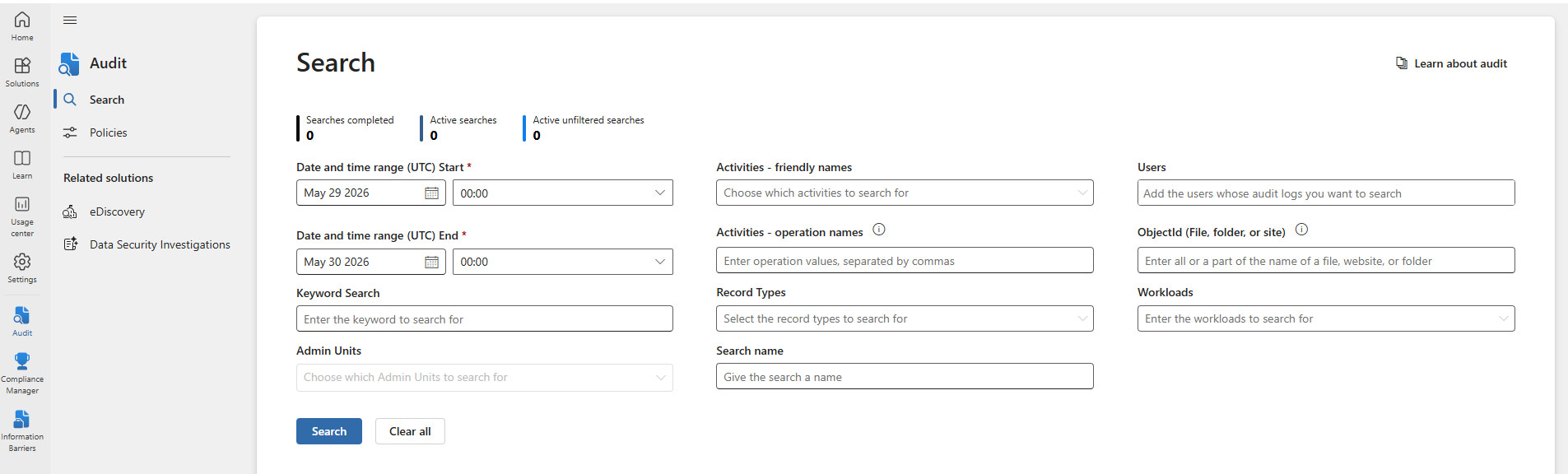 Vista de búsqueda de registros de auditoría en Microsoft Purview