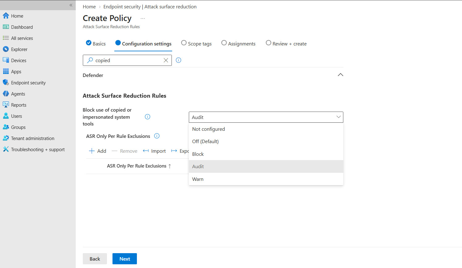 Configuración de Block use of copied or impersonated system tools en modo Audit