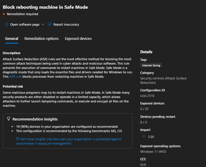 Recomendación Block rebooting machine in Safe Mode en Microsoft Defender