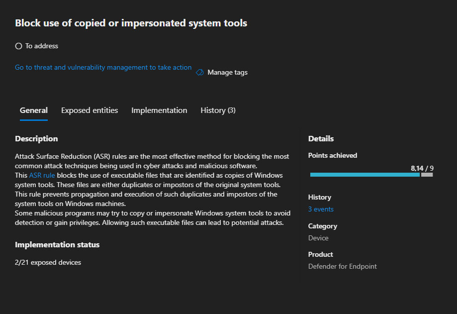 Recomendación Block use of copied or impersonated system tools en Microsoft Defender