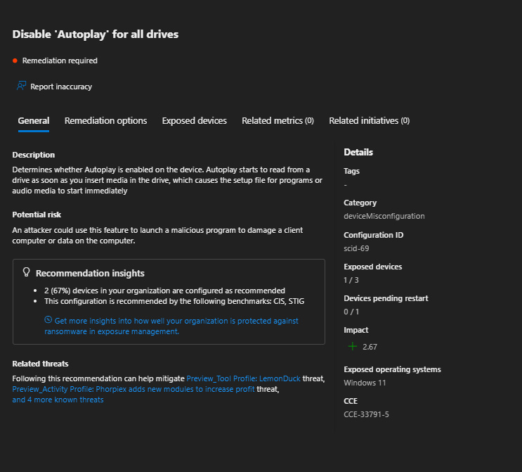 Recomendación Disable Autoplay for all drives en Microsoft Defender para endpoints Windows.