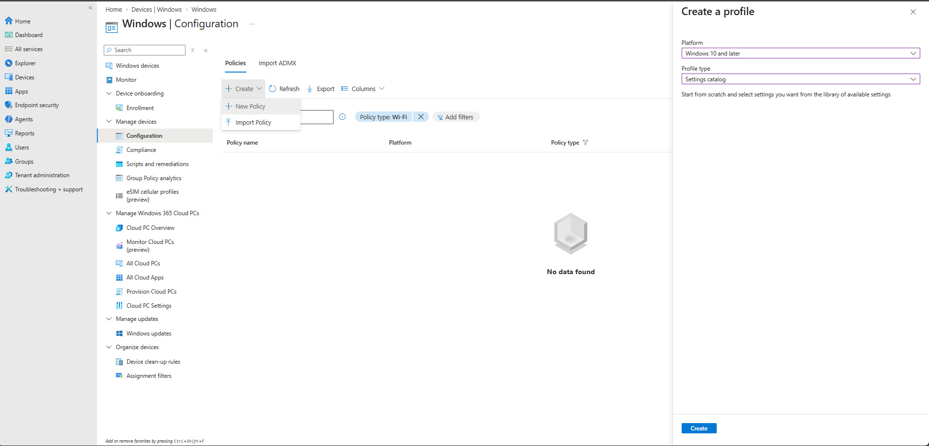 Creación de una política del Catálogo de configuración para Windows en Microsoft Intune.