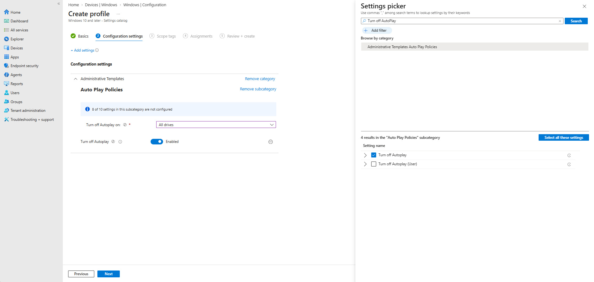 Configuración Turn off AutoPlay habilitada para todas las unidades en Microsoft Intune.
