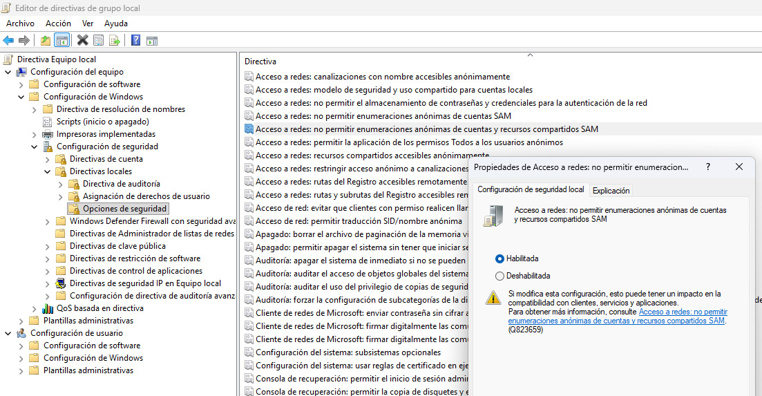 Configuración de Disable Anonymous enumeration of shares mediante GPO