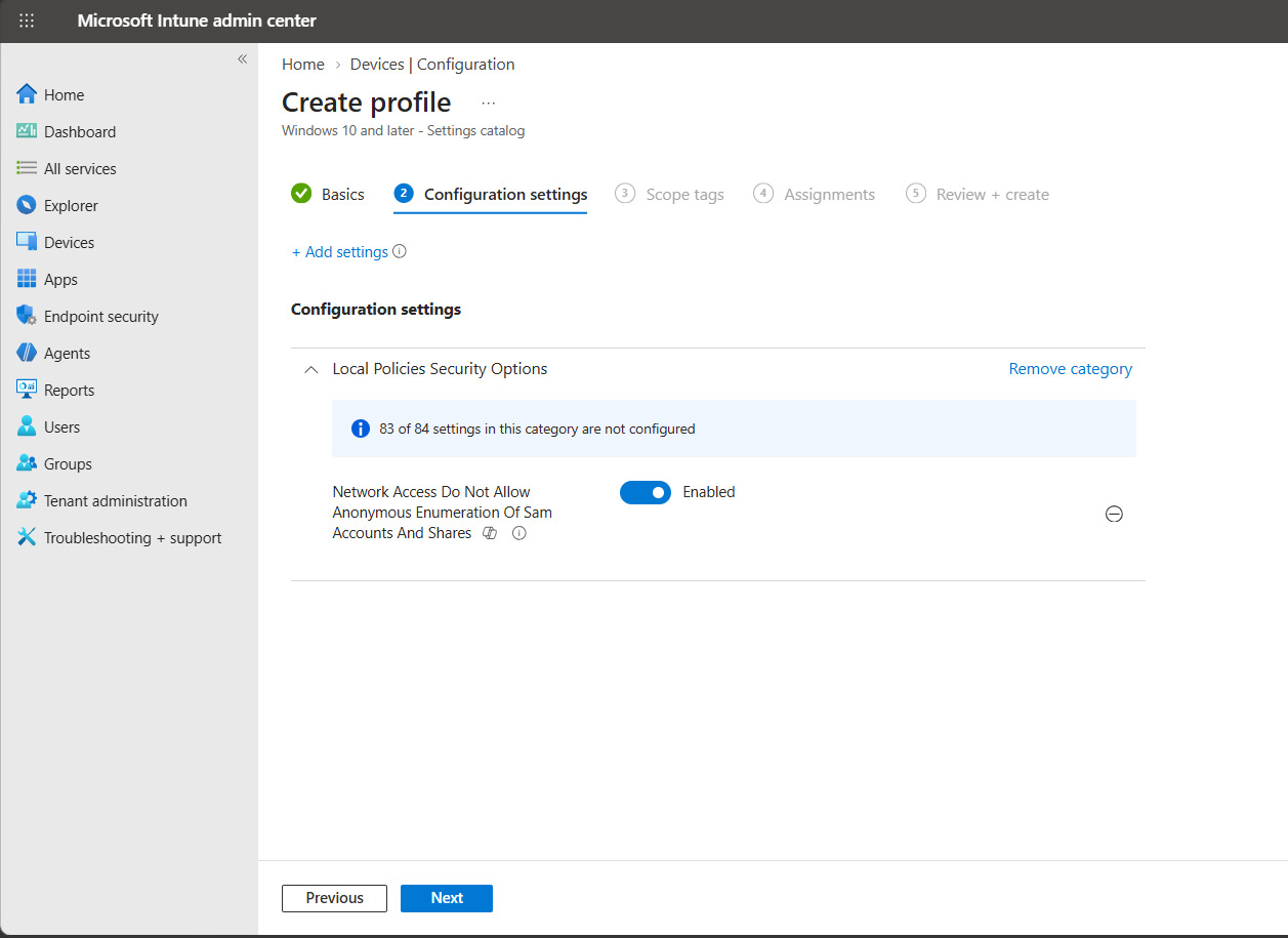Configuración de Disable Anonymous enumeration of shares en Microsoft Intune