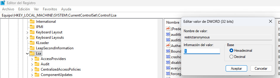 Valor RestrictAnonymousSAM configurado en el Registro de Windows